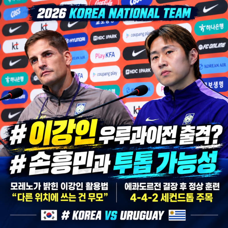이강인 우루과이전 손흥민과 투톱 출격할까, 모레노 감독 "다른 위치에 쓰는 건 무모"