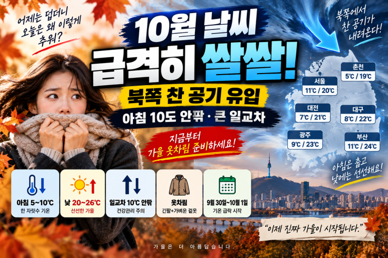 10월 날씨 급격히 쌀쌀｜북쪽 찬 공기 유입·아침 10도 안팎·큰 일교차, 옷차림 총정리