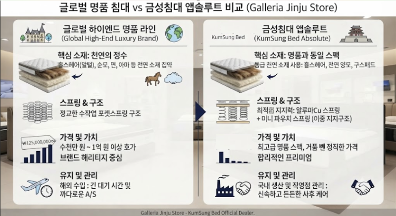 "1억 원대 명품 침대 vs 금성침대 앱솔루트, 솔직히 천연 소재 스펙 차이가 이렇다고요?"