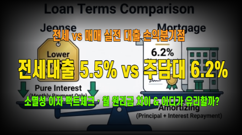 전세자금대출 금리 5.5% vs 주택담보대출 6.2%: 어디가 유리할까? 전세 vs 매매 실전 금융비용 계....