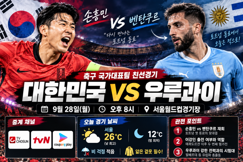 한국 우루과이 축구 중계 경기시간｜손흥민 벤탄쿠르 재회, 서울월드컵경기장 날씨까지