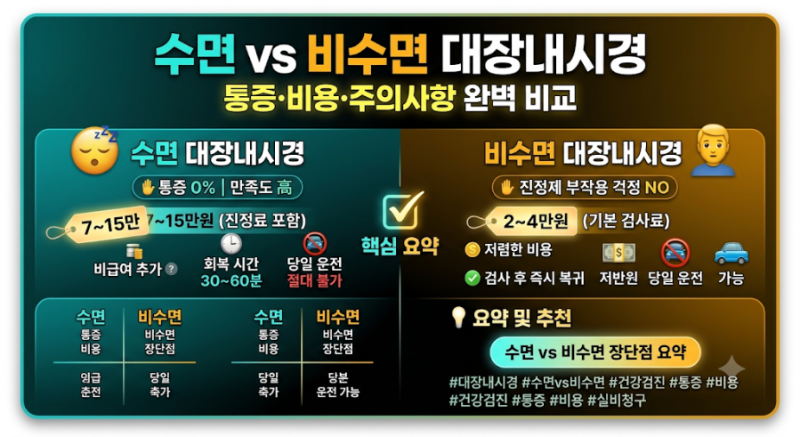수면 vs 비수면 대장내시경 차이점 총정리! 통증, 비용, 실비 청구 팁까지