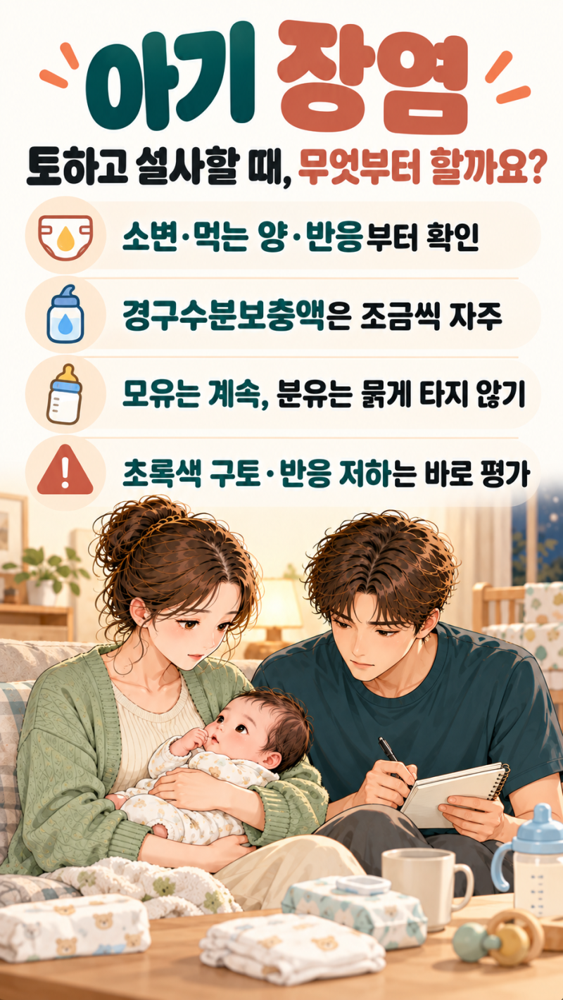 아기 장염, 토하고 설사할 때 무엇을 먹이고 언제 병원에 갈까요?