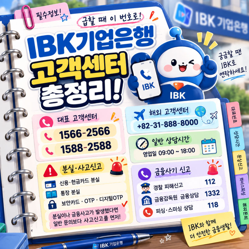 IBK기업은행 고객센터 전화번호 총정리｜상담원·분실신고·24시간·보이스피싱·해외 전화번....