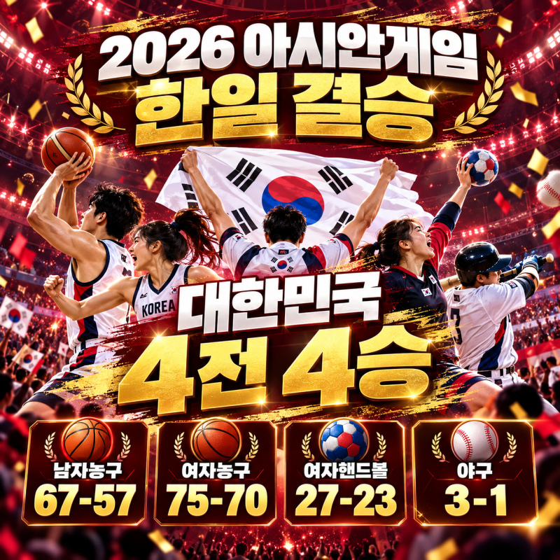 2026 아시안게임 구기종목 한일 결승 결과｜농구·여자농구·핸드볼·야구 4전 전승