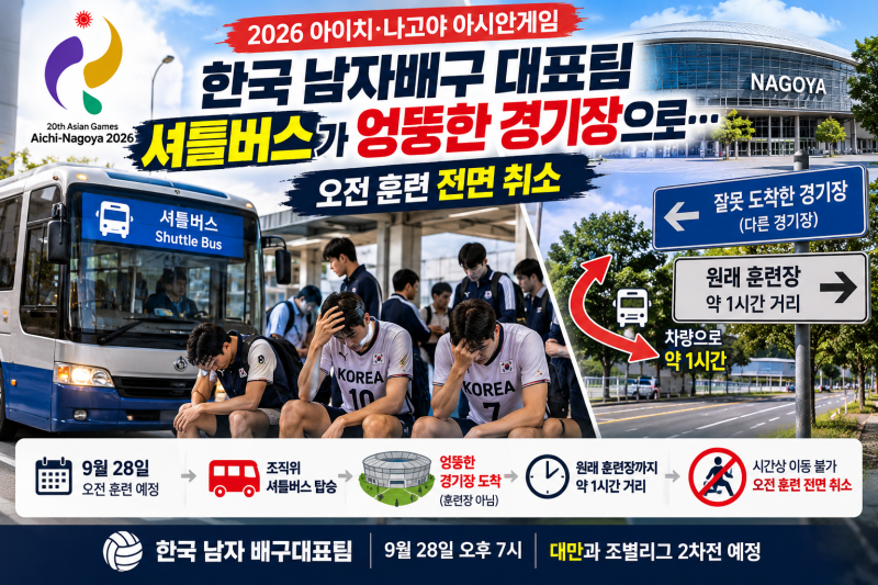 한국 남자배구 훈련 취소, 셔틀버스가 엉뚱한 경기장으로…농구·축구 이어 또 수송 문제