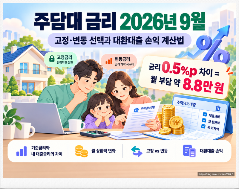 주담대 금리 2026년 9월: 고정·변동 선택과 대환대출 손익 계산법