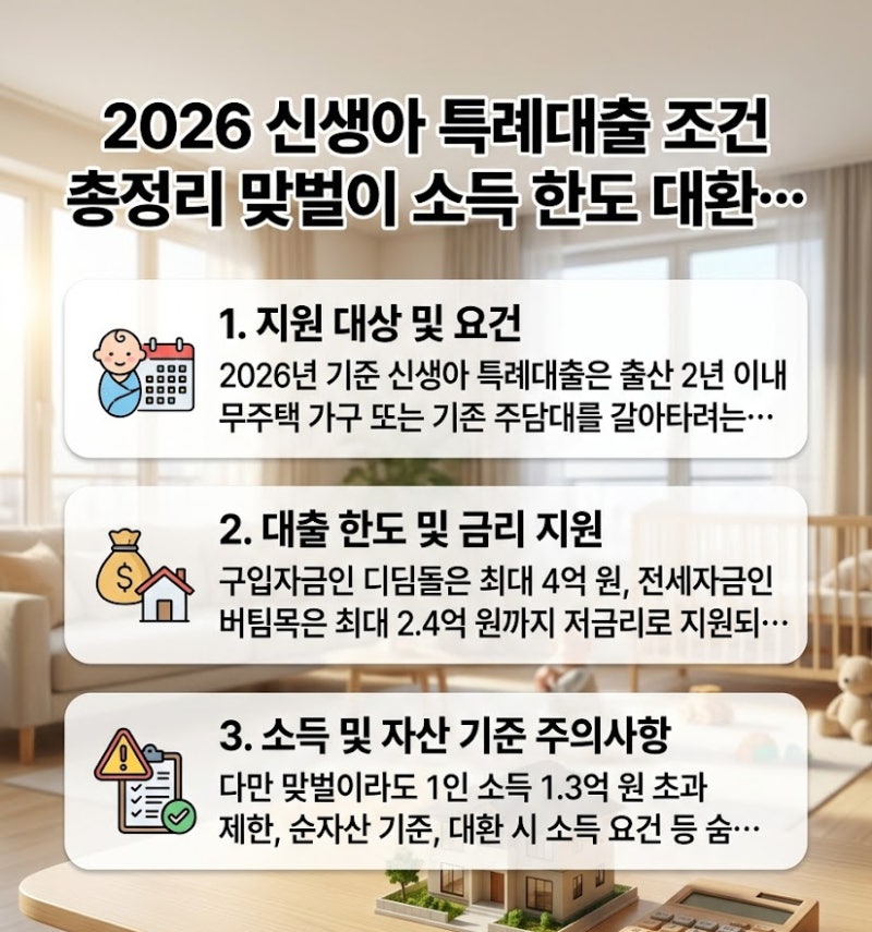 2026 신생아 특례대출 조건 총정리 맞벌이 소득 한도 대환 탈락주의점