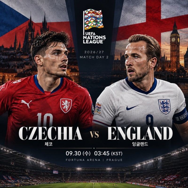 체코 잉글랜드 경기 일정 26/27 UEFA 네이션스리그 2R 프리뷰 예상 선발 사카 벨링엄 케인