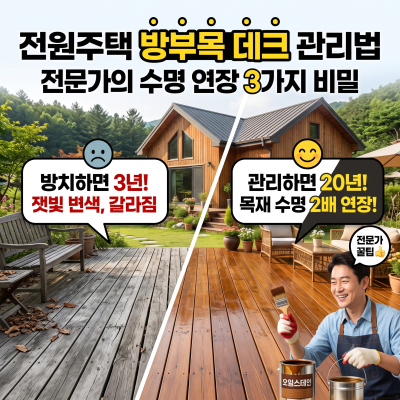 전원주택 방부목 데크 관리법: 오일스테인 바르는 시기와 수명 2배 늘리는 3가지 팁