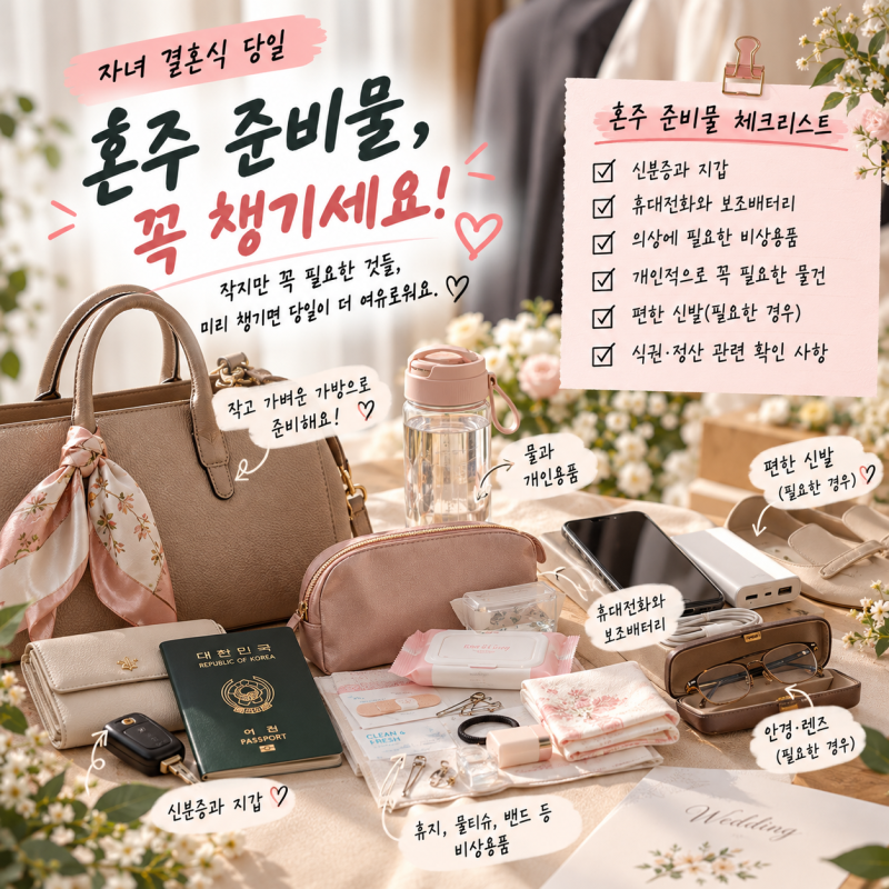 자녀 결혼식 당일 혼주 준비물 부모님 가방에 꼭 챙겨야 할 것 체크리스트