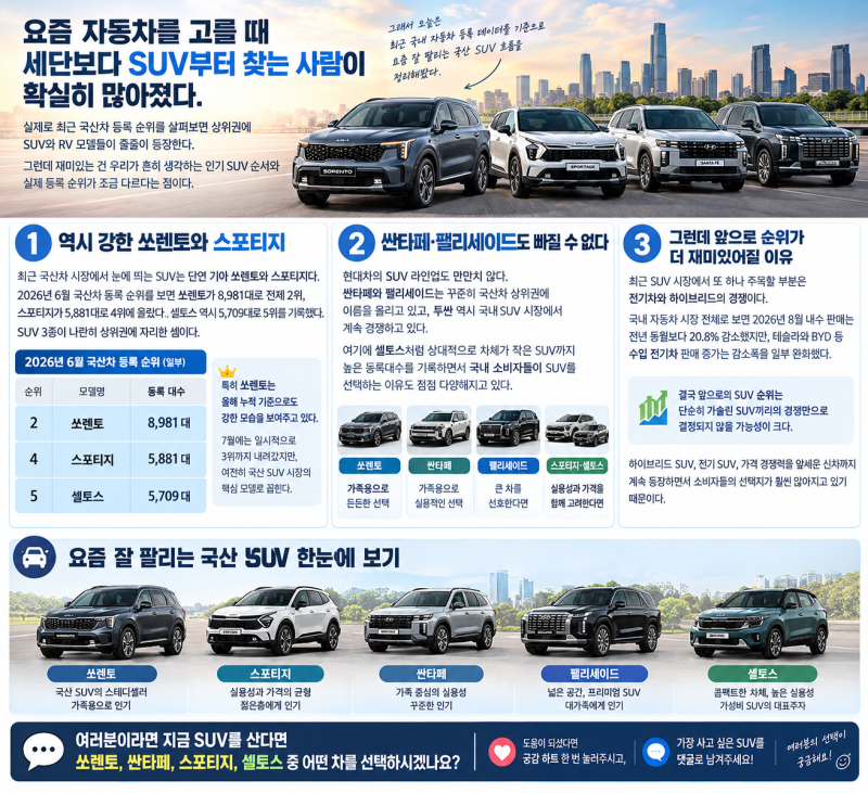이 차가 여기까지? 2026년 국산 SUV 인기순위 TOP10