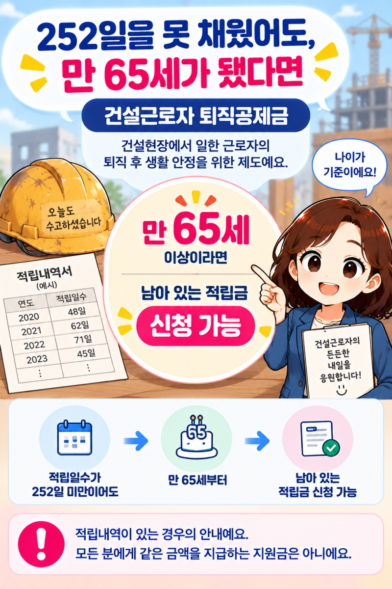 건설근로자 퇴직공제금, 252일을 못 채웠어도 65세가 됐다면