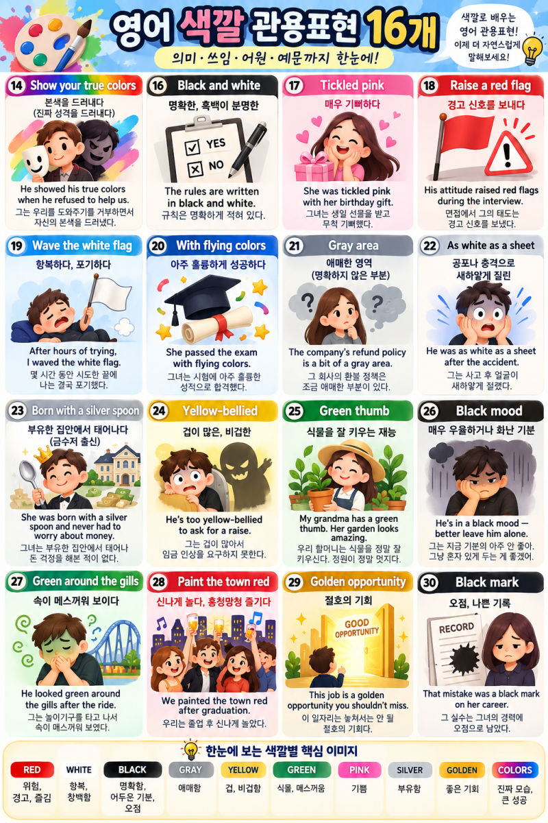 영어 색깔 관용표현 16개 총정리 2차; Color Idioms in English — 의미 · 쓰임 · 어원 · 배경 · 예....