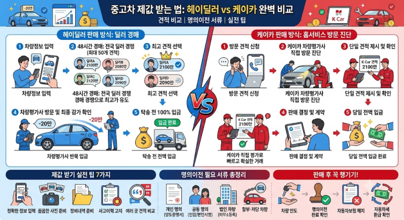 중고차 팔 때 제값 받는 법｜헤이딜러 vs 케이카 견적 비교·명의이전 서류 총정리