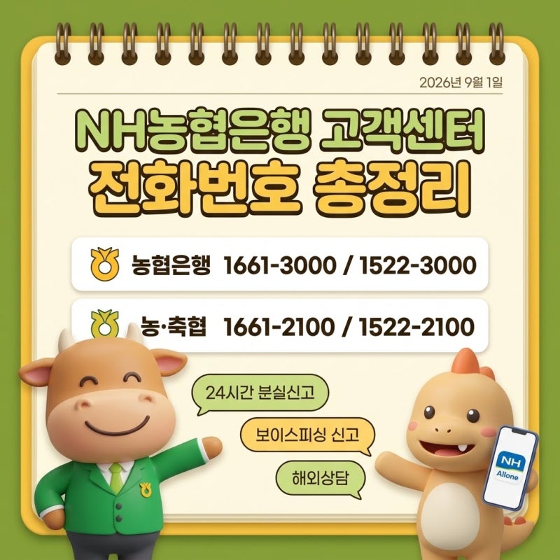NH농협은행 고객센터 전화번호 총정리｜상담원·분실신고·24시간·보이스피싱·해외전화