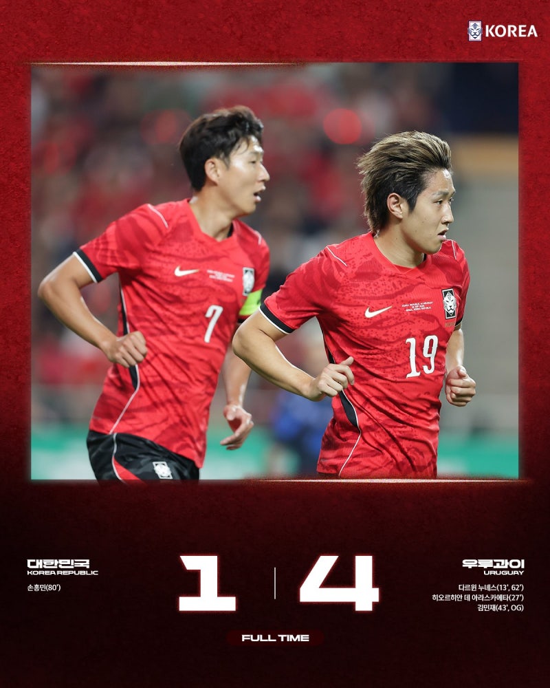 [A매치 리뷰] 대한민국 우루과이전 1-4 대패... 모레노호 4-4-2 전술이 완전히 붕괴된 이유 ⚽️