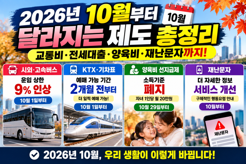 2026년 10월부터 달라지는 제도 총정리｜버스요금·기차표·양육비 무엇이 바뀌나?