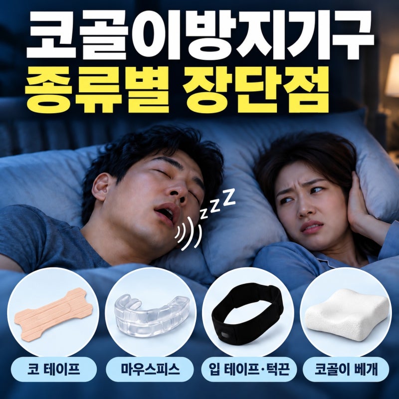 코골이방지기구 종류별 장단점: 코 테이프·마우스피스·입벌림 방지 밴드·베개