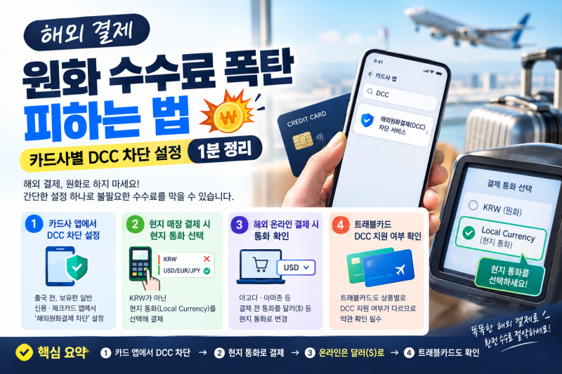 해외 결제 원화 수수료 폭탄 피하는 법｜카드사별 DCC 차단 설정 1분 정리