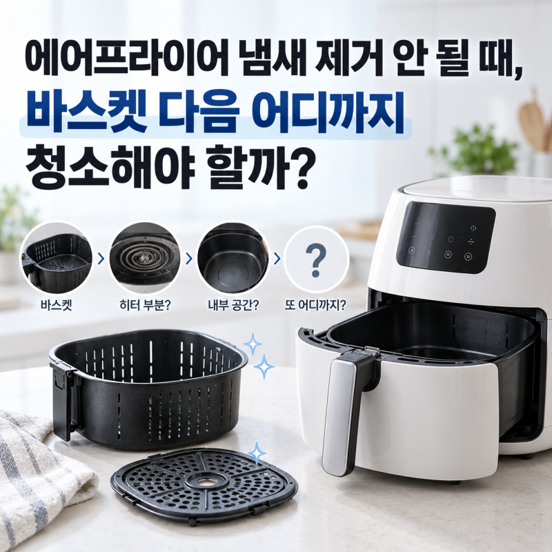 에어프라이어 냄새 제거 안 될 때, 바스켓 다음 어디까지 청소해야 할까?