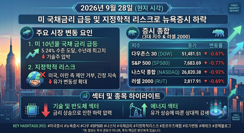 [미국 증시] 2026년 9월 28일 뉴욕증시 마감: 미 국채금리 5.24% 급등과 3대 지수 일제히 하락