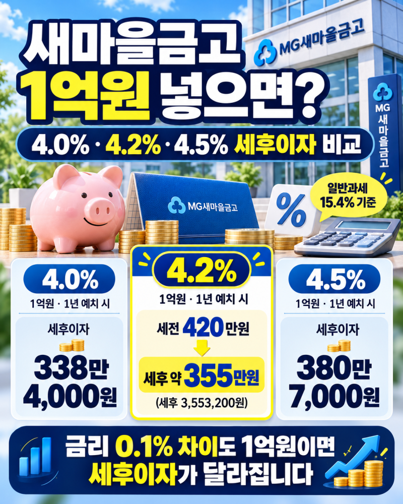 새마을금고 정기예금 1억원 넣으면 이자 얼마? 4%대 세후이자 계산