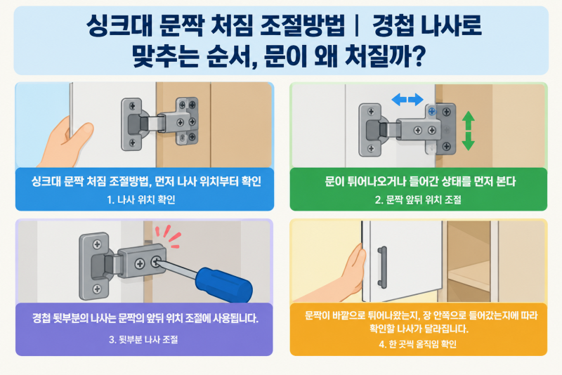 싱크대 문짝 처짐 조절방법｜경첩 나사로 맞추는 순서, 문이 왜 처질까?