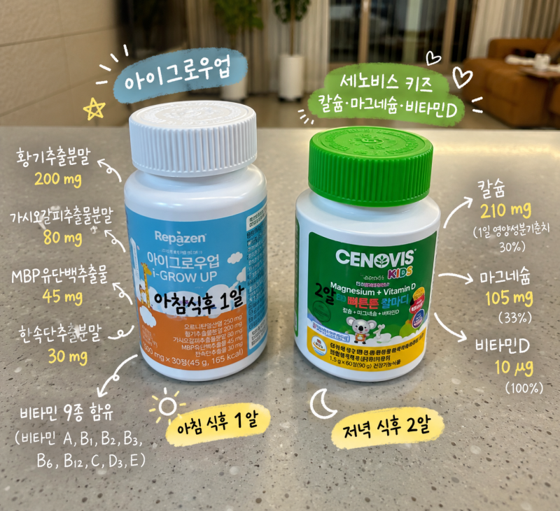 [워킹맘의 선택]7세 어린이 영양제, 키 성장이 신경 쓰여 챙기기 시작한 아이그로우업 + 세노....