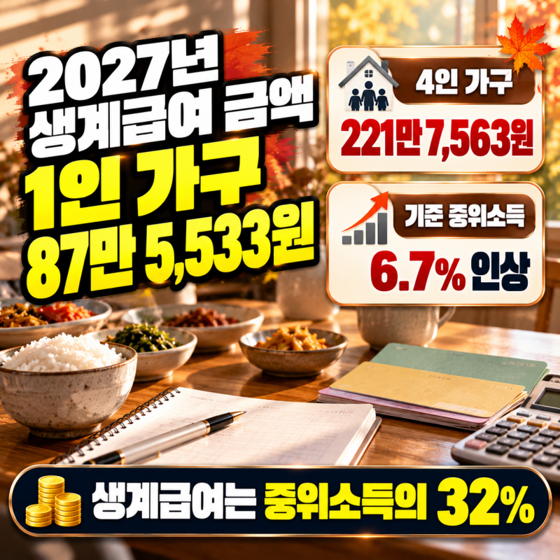 2027년 생계급여 금액, 1인 가구는 87만 5,533원으로 오릅니다