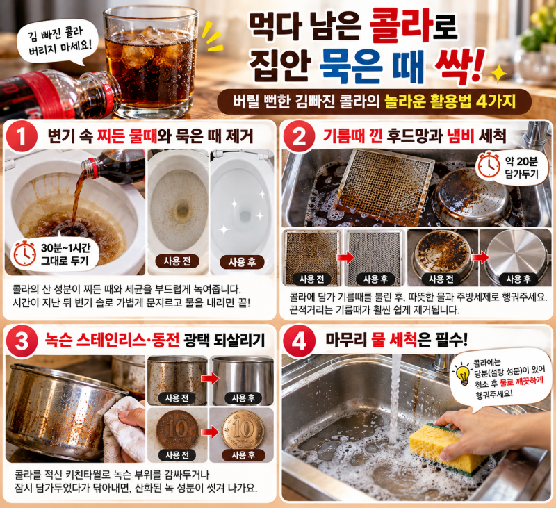 먹다 남은 김빠진 콜라 버리지 마세요! 화장실 때부터 주방 기름때까지 청소 만능템 활용법