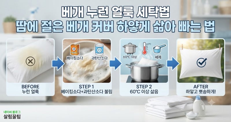 베개 누런 얼룩 세탁법, 땀에 절은 베개 커버 하얗게 삶아 빠는 법