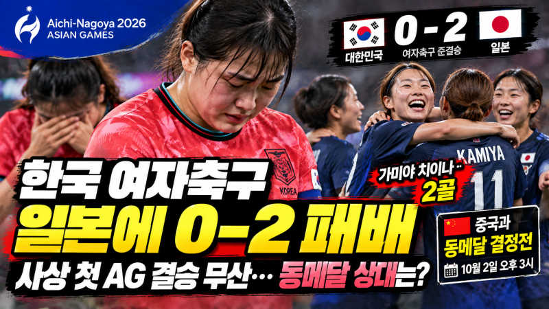 한국 여자축구 일본에 0-2 패배, 사상 첫 AG 결승 무산…동메달 상대는?