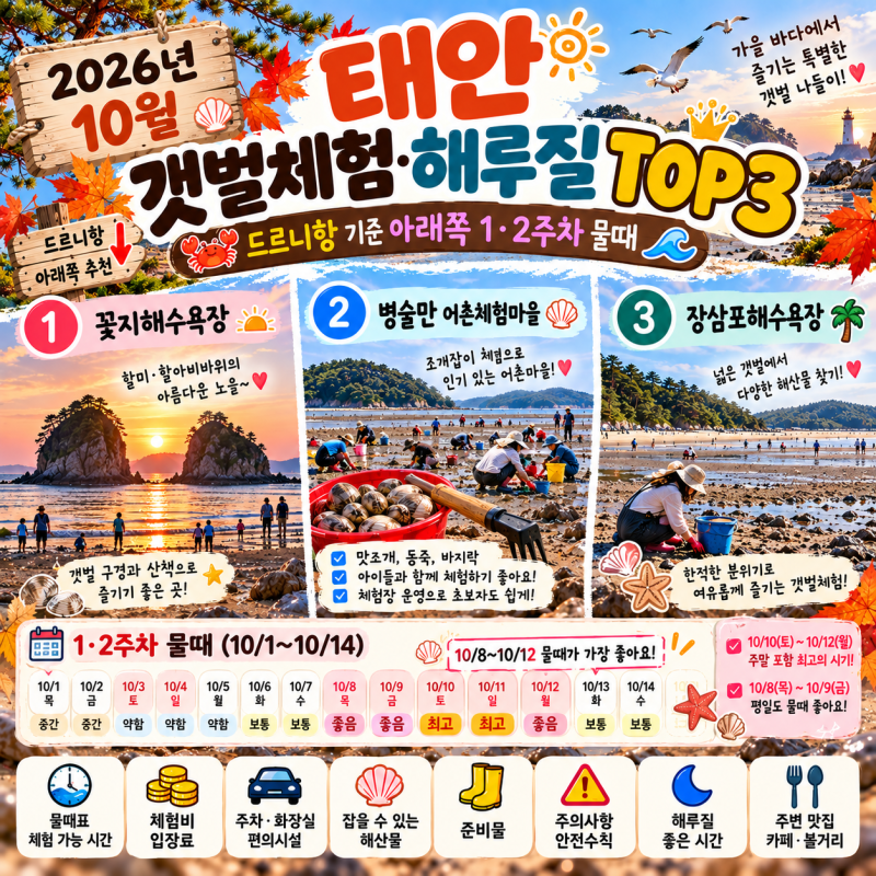 2026년 10월 태안 갯벌체험·해루질 추천｜드르니항 기준 아래쪽 1·2주차 물때 총정리