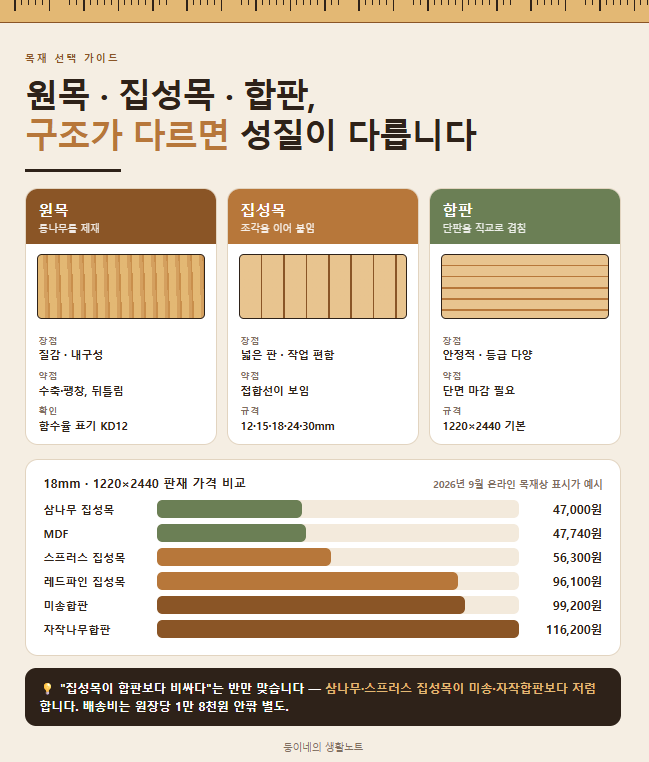 원목·집성목·합판 차이｜목공 초보자가 알아야 할 목재 선택법 (규격·가격·처짐까지)