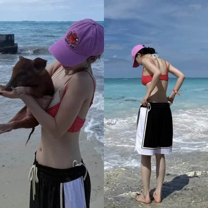 바하마 사진 속 카리나, 빨간 비키니로 보는 휴양지 컬러 포인트