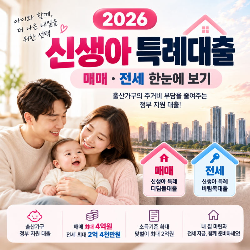 2026 신생아 특례대출 총정리 아파트 매매·전세, 우리 가족은 얼마나 받을 수 있을까?