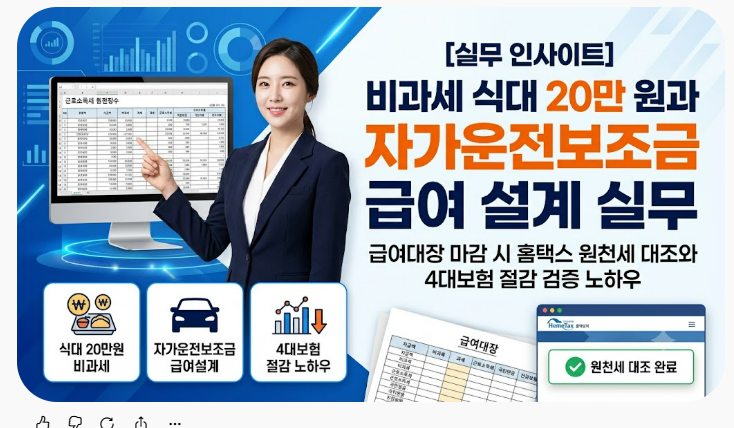 [실무 인사이트] 비과세 식대 20만 원과 자가운전보조금 급여 설계 실무: 급여대장 마감 시 홈....