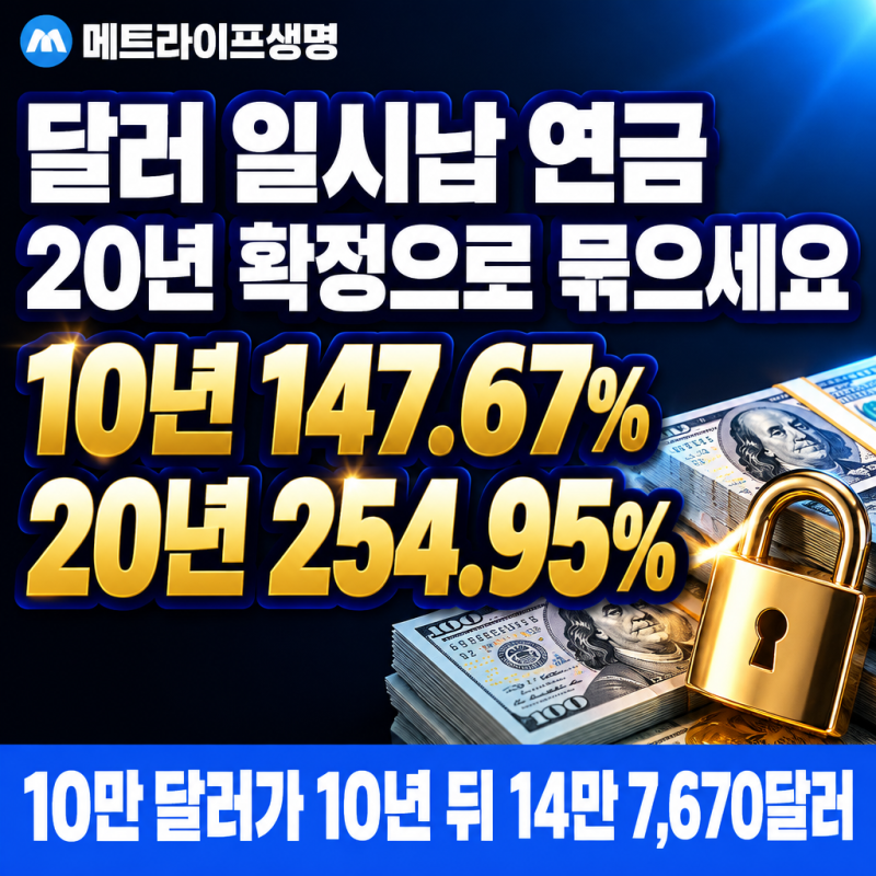 달러 일시납 연금, 20년 확정으로 묶으세요. 메트라이프 10년 147.67% 20년 254.95%