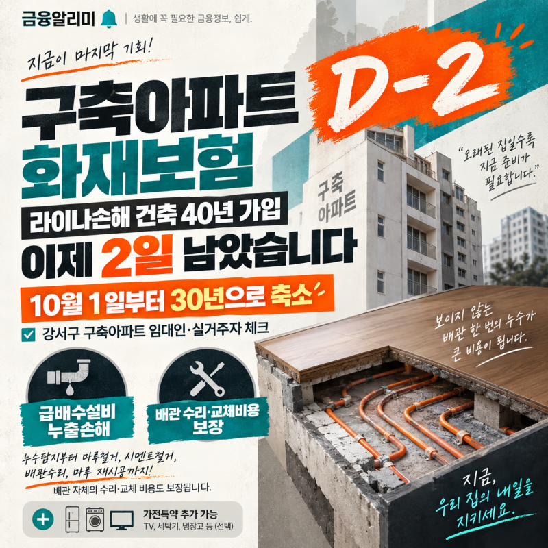 구축아파트 화재보험, 라이나손해 건축 40년 가입 이제 2일 남았습니다