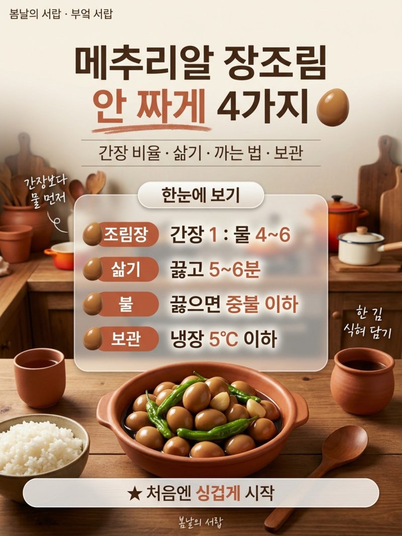 메추리알 장조림 안 짜게 만드는 4가지｜간장 비율·까는 법·꽈리고추·보관