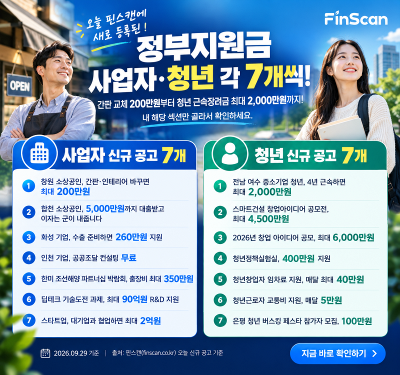 오늘 새로 올라온 정부지원금, 사업자·청년 신규공고 총정리 (9월 29일)