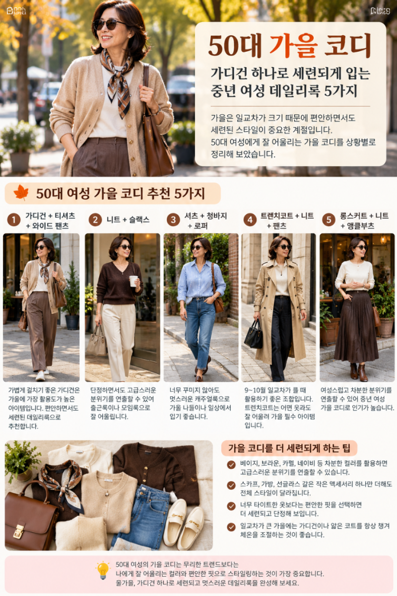 50대 가을 코디｜가디건 하나로 세련되게 입는 중년 여성 데일리룩 5가지