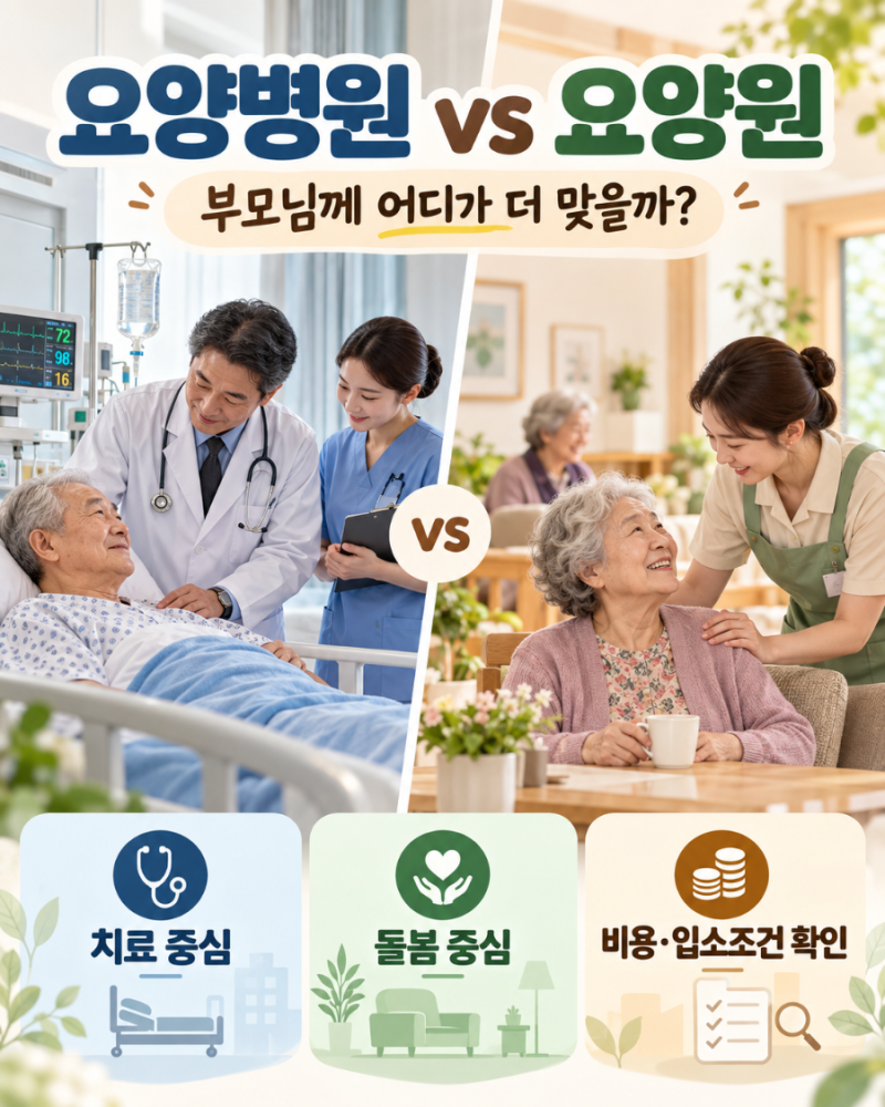 부모님 요양원 갈까, 요양병원 갈까? 비용부터 입소조건까지 완전히 다릅니다