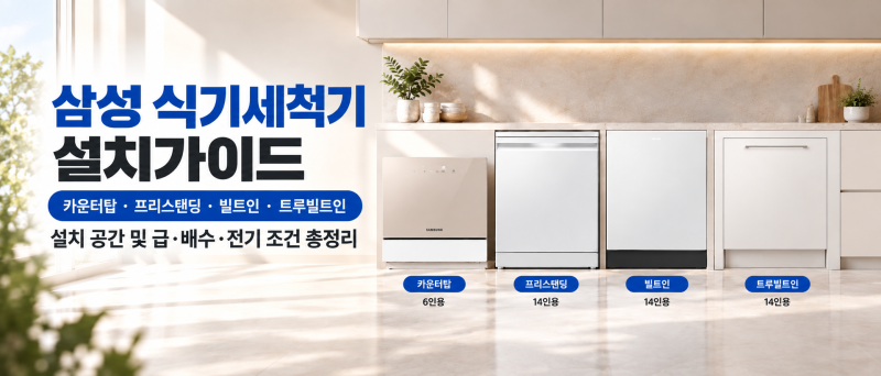 삼성 식기세척기 설치가이드 총정리 - 카운터탑 6인용, 프리스탠딩, 빌트인, 트루빌트인 14인....