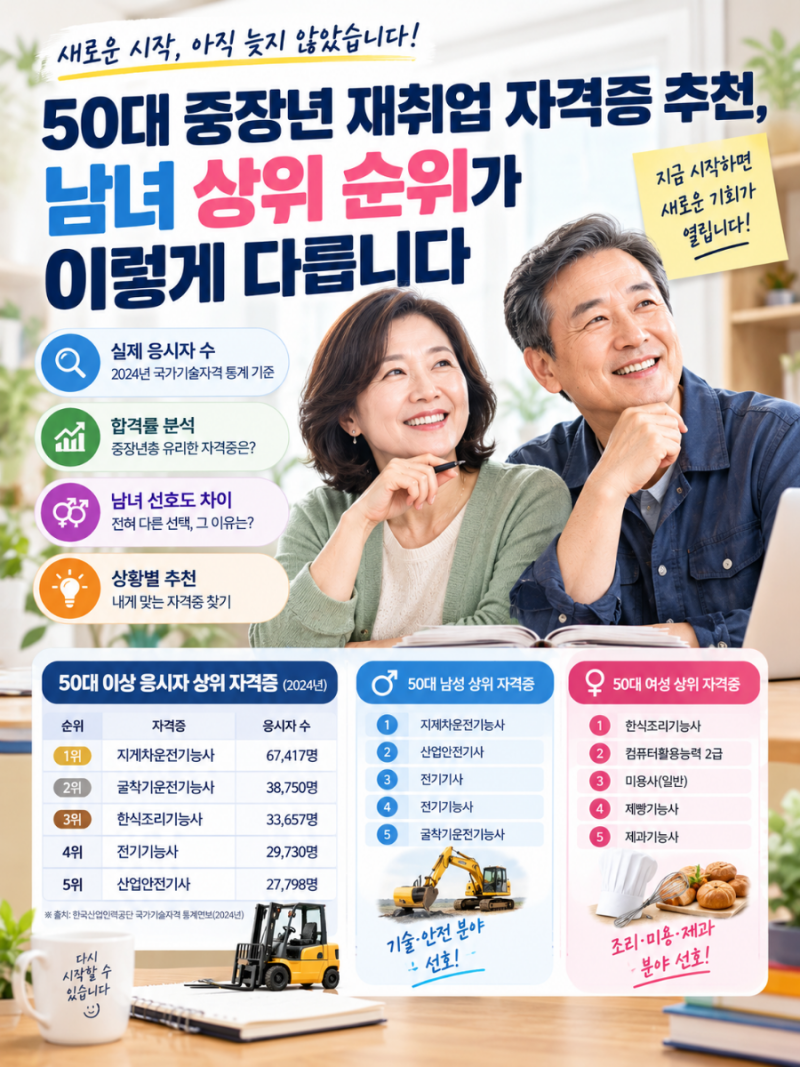 50대 중장년 재취업 자격증 추천, 남녀 상위 순위가 이렇게 다릅니다