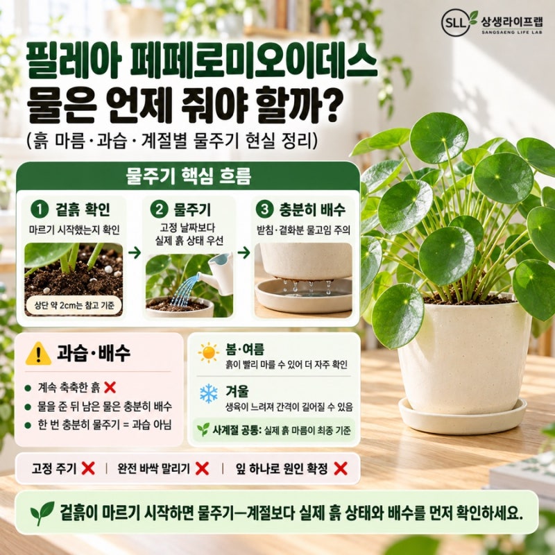 필레아 페페로미오이데스 물은 언제 줘야 할까?(흙 마름·과습·계절별 물주기 현실 정리)