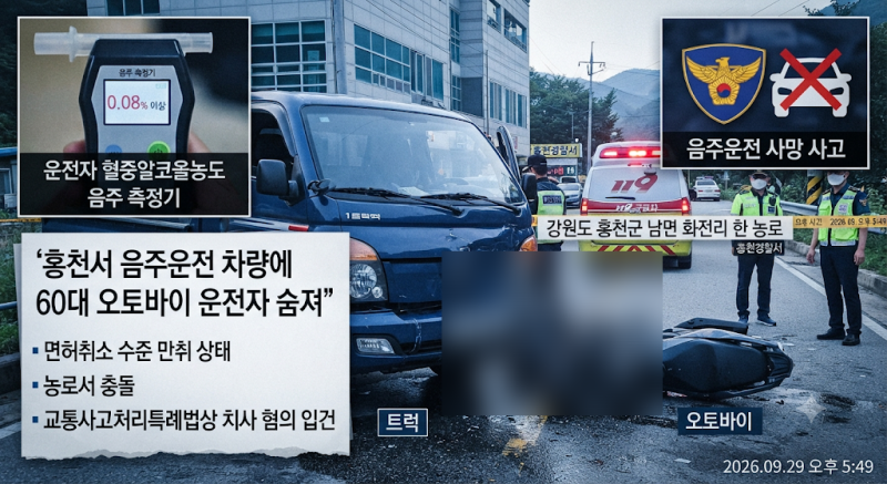 [사건/사고] 강원 홍천 농로서 만취 트럭과 오토바이 충돌…60대 운전자 사망
