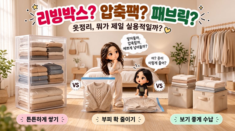 리빙박스 vs 의류 압축팩 vs 패브릭 수납함｜옷정리, 뭐가 제일 실용적일까?
