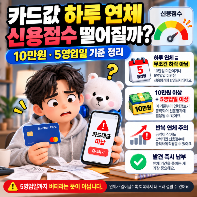 카드값 하루 연체해도 신용점수 떨어질까? 10만원·5영업일 기준 정리